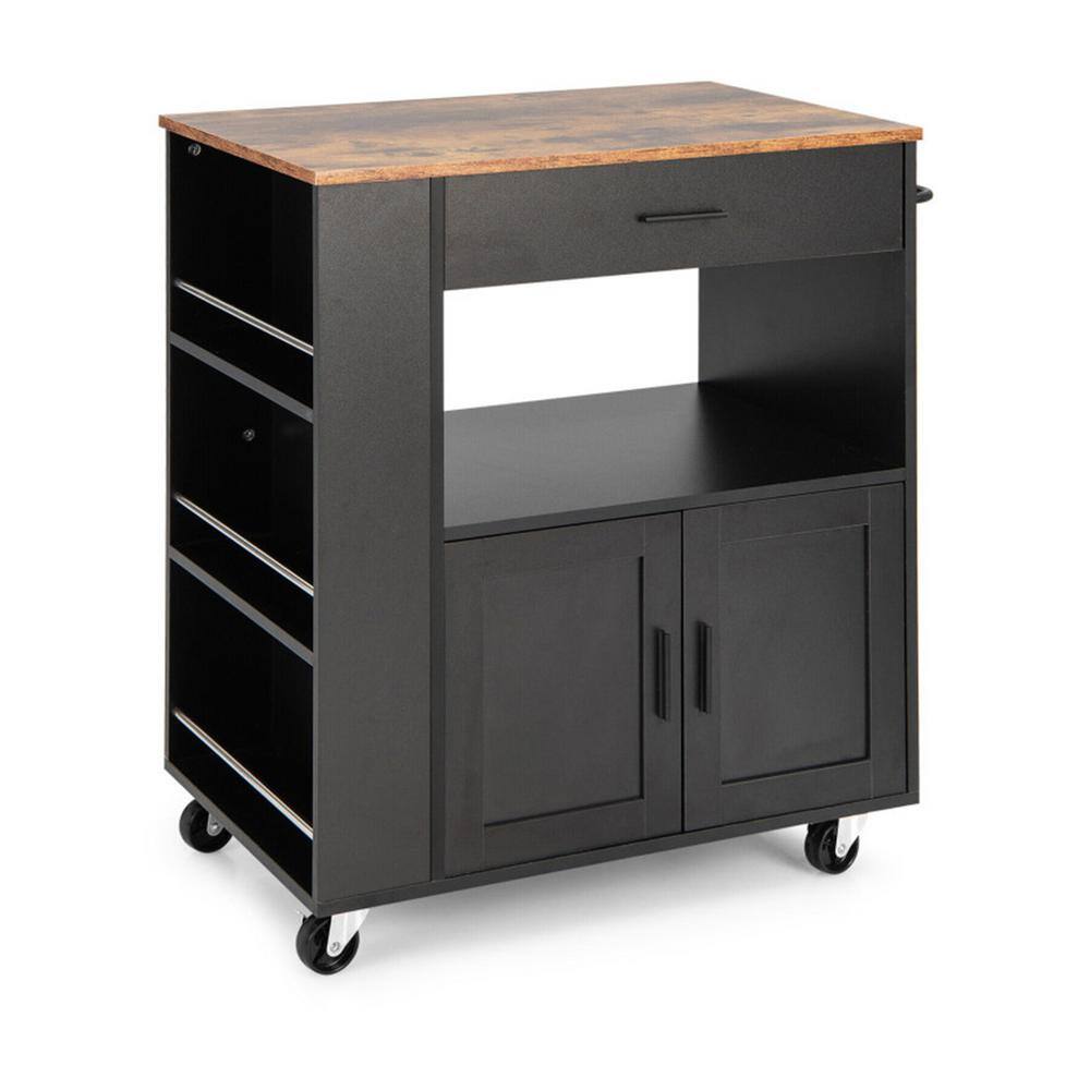 Bunpeony Black Rolling Kitchen Cart with Spice Racks Drawer and Open