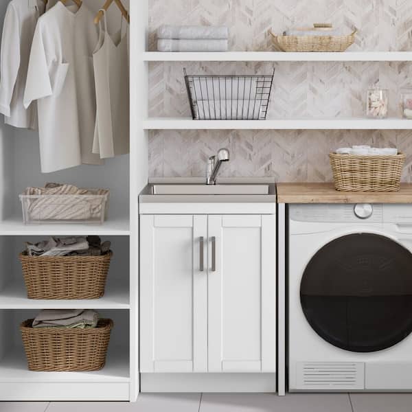 Simpli Home Kyle 24-inch Utility Laundry Sink with Cabinet in Pure White
