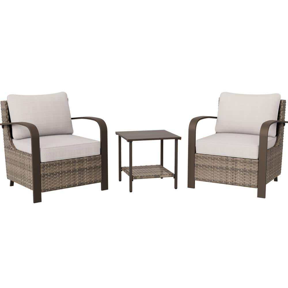 Beige Wicker Rattan 3-Piece Outdoor Chair Set with Side Table