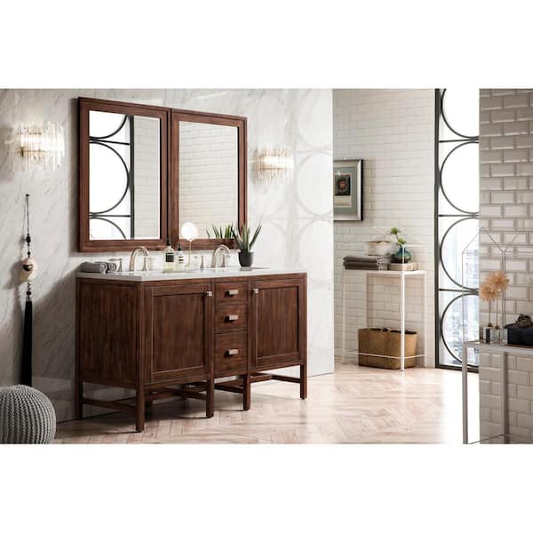 James Martin Vanities Addison 60 in. W x 23.5 in.D x 35.5 in. H Double Vanity in Mid Century Acacia with Marble Top in Carrara White