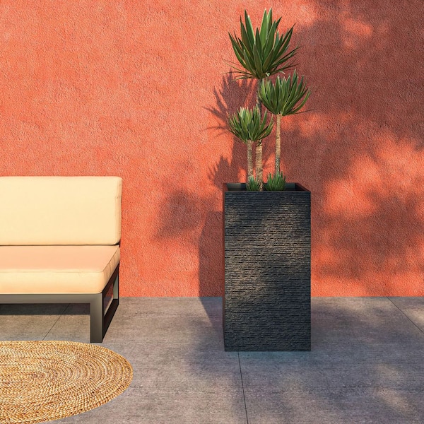 Bloom Square 9" Wide Planter Pot in Fiberstone Modern Garden Flower Plant Box for Indoor/Outdoor in Black, 20 in. Tall