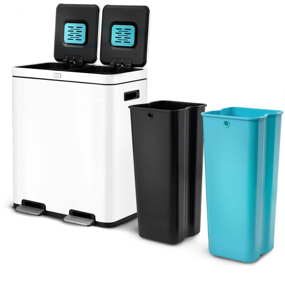 Matte White Dual Compartment Stainless Steel Kitchen Trash Can
