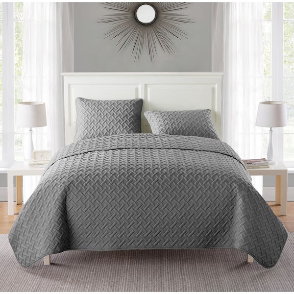 Nina Embossed 2 Piece Grey Basketweave Microfiber Twin Quilt Set