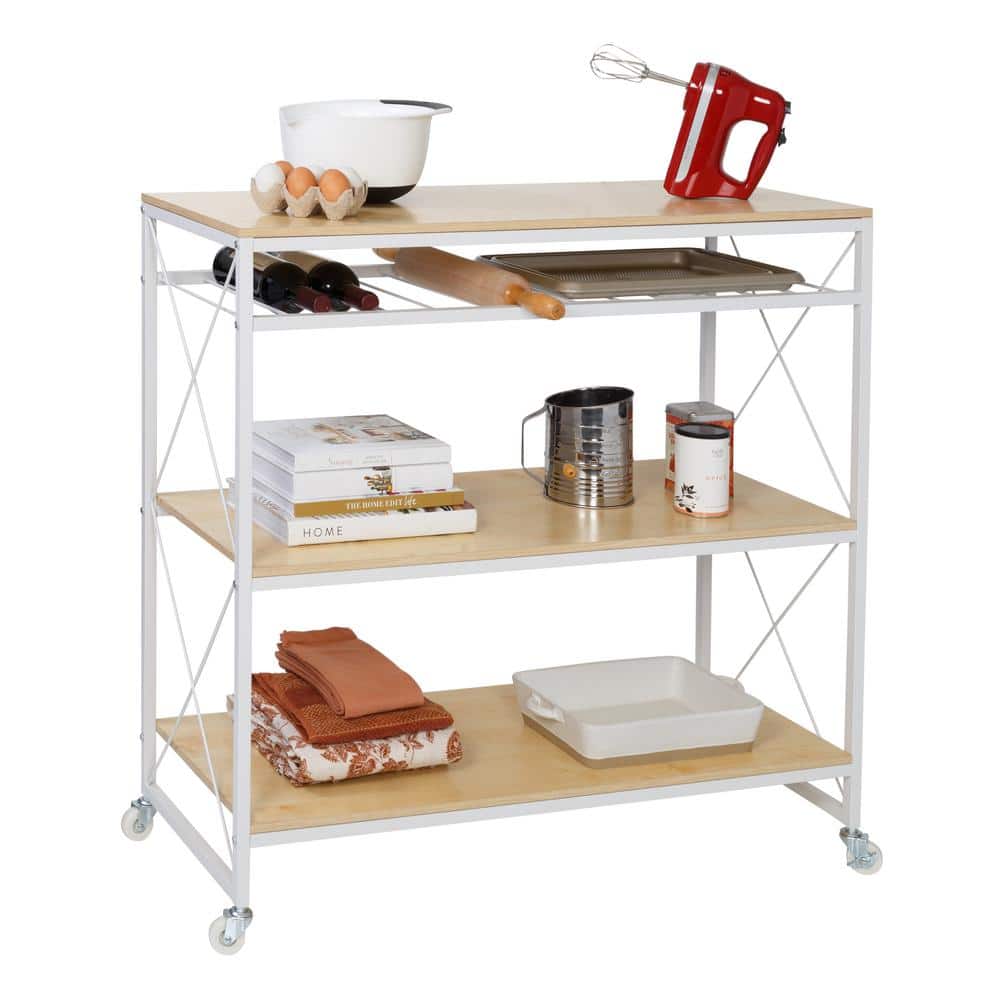 White and Oak Rolling Kitchen Cart with Wine Rack and Storage