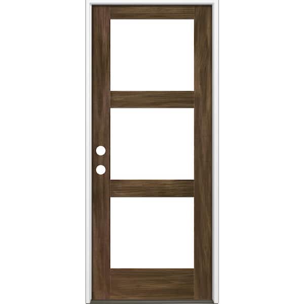 Krosswood Doors 32 in. x 96 in. Modern Hemlock Right-Hand/Inswing 3-Lite Clear Glass Black Stain Wood Prehung Front Door