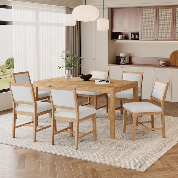 7-Piece Natural Rectangular Wood Top Dining Table Set Seats 6