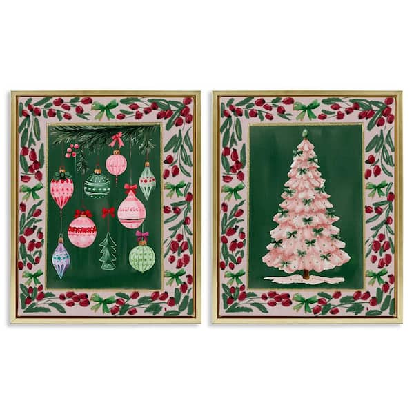 Vintage Ornaments and Tree Border by Yen 2-Piece Gold Floater Frame Graphic Religious Art Print 31 in. x 25 in.