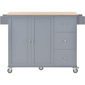 Kitchen Cart with Solid Wood Top, Locking Wheels Storage Cabinet and Drop Leaf Breakfast Bar and Spice Rack in Gray Blue