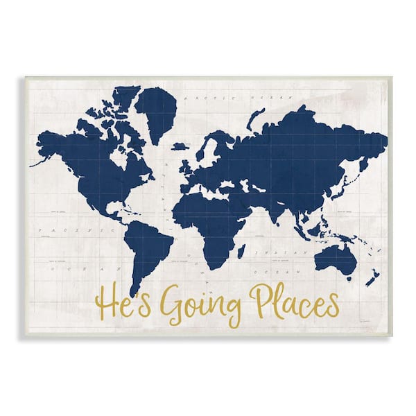 Stupell Industries "He's Going Places Phrase Blue World Map" by Sue Schlabach Unframed Travel Wood Wall Art Print 13 in. x 19 in.
