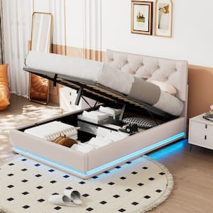 Beige Wood Frame Full Linen Upholstered Platform Bed with Hydraulic Storage System, LED Lights, Button-Tufted Design