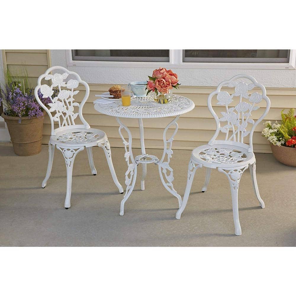 White Cast Aluminum Floral Bistro Set with Iron Legs