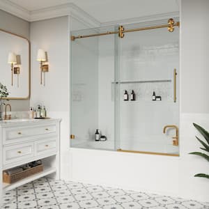 60 in. W x 60 in. H Single Sliding Frameless Bathroom Tub Door in Brushed Gold with Easy-Clean 3/8 in. Clear Glass