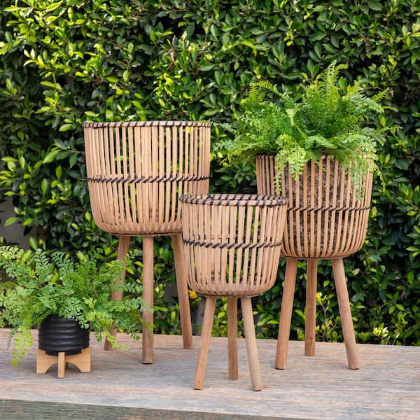 Set of 3 Bamboo Planters 19/23/26 in. for Garden Patio Entryway Living Room, Plant Stand Outdoor Tall Plants, Brown