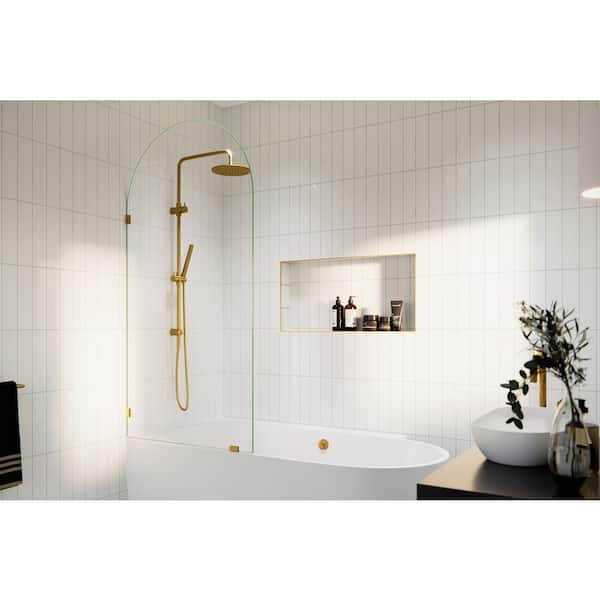 Glass Warehouse Venus 34 in. W x 66.75 in. H Single Fixed Frameless Arched Tub Door in Satin Brass without Handle