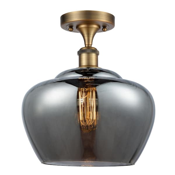 Fenton 11 in. 1-Light Brushed Brass Industrial Semi-Flush Mount with Smoked Glass Shade