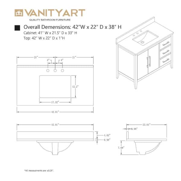 Vanity Art 42 in. W x 22 in. D x 34 in. H Single Sink