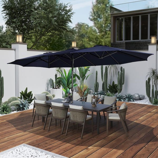 Unbranded 15 ft. Steel Market Patio Umbrella Double-Sided Twin Large Patio Umbrella with Base in Navy