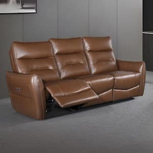 Amanda 86 in. Flared Arms Faux Leather Rectangle Reclining Sofa in Caramel Brown