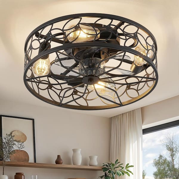 18 in. Indoor Black Low Profile Flush Mount Caged Ceiling Fan with Remote
