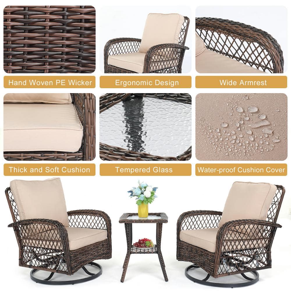 Brown Gradient Wicker Patio Bistro Set with Cushions and Glass Table