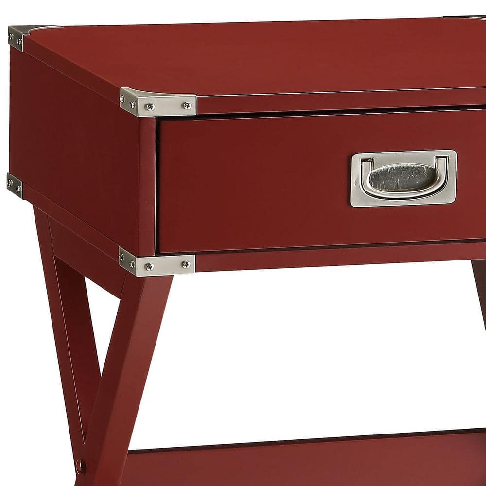Red Square Wooden End Table with Metal Accents and Storage