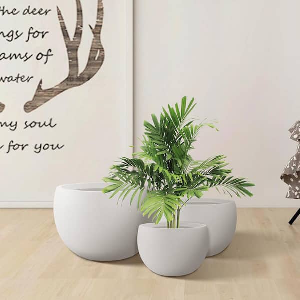 20 in., 16 in. and 12 in. W Pure White Concrete Round Elegant Planters (Set of 3), Outdoor Indoor Modern Planter Pots