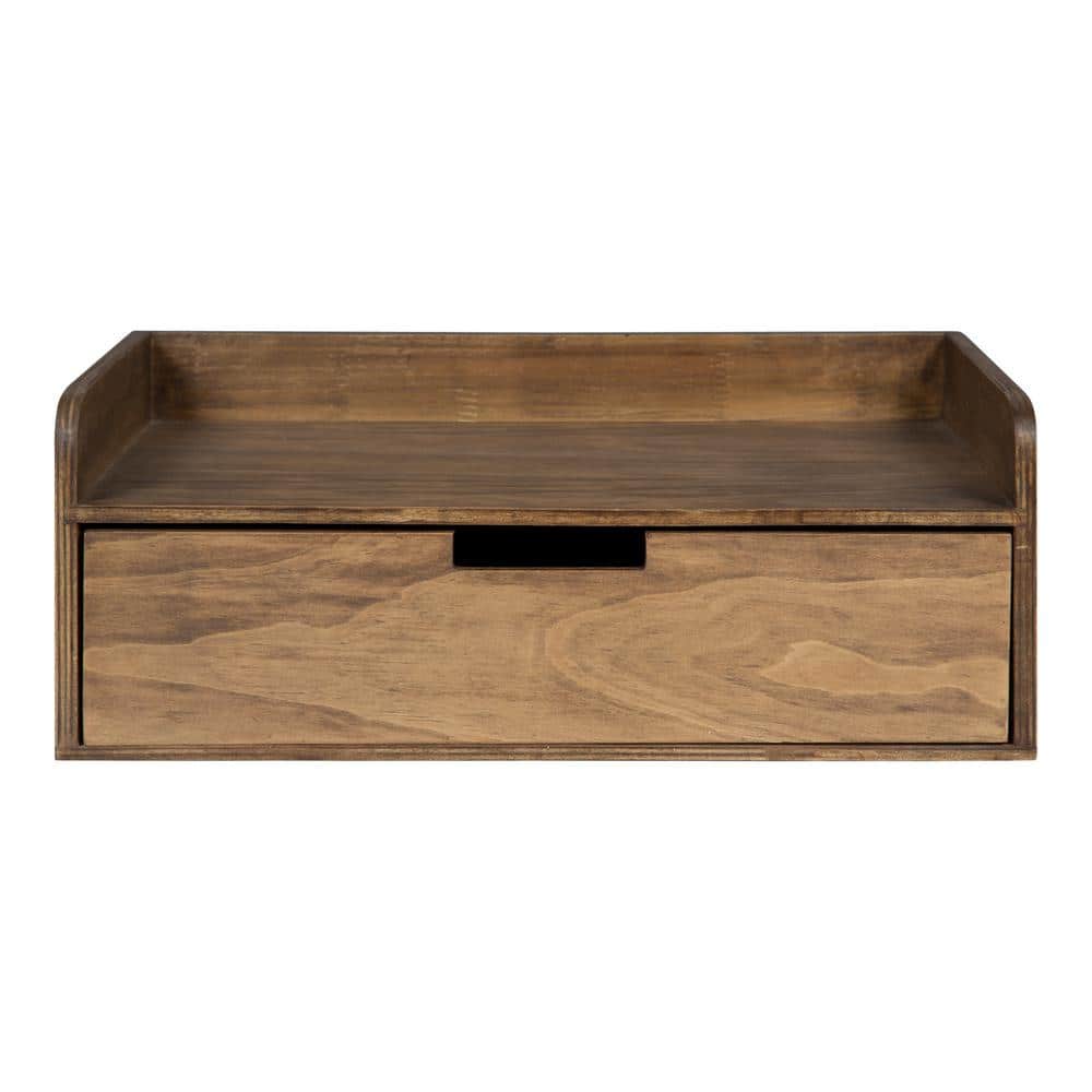Rustic Brown Wood Floating Shelf with Drawer, 21"