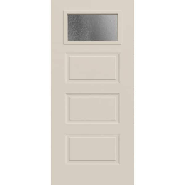 JELD-WEN 36 in. x 80 in. 3 Panel Right-Hand/Inswing 1/4 Lite Chin.illa Decorative Glass Primed Steel Front Door Slab