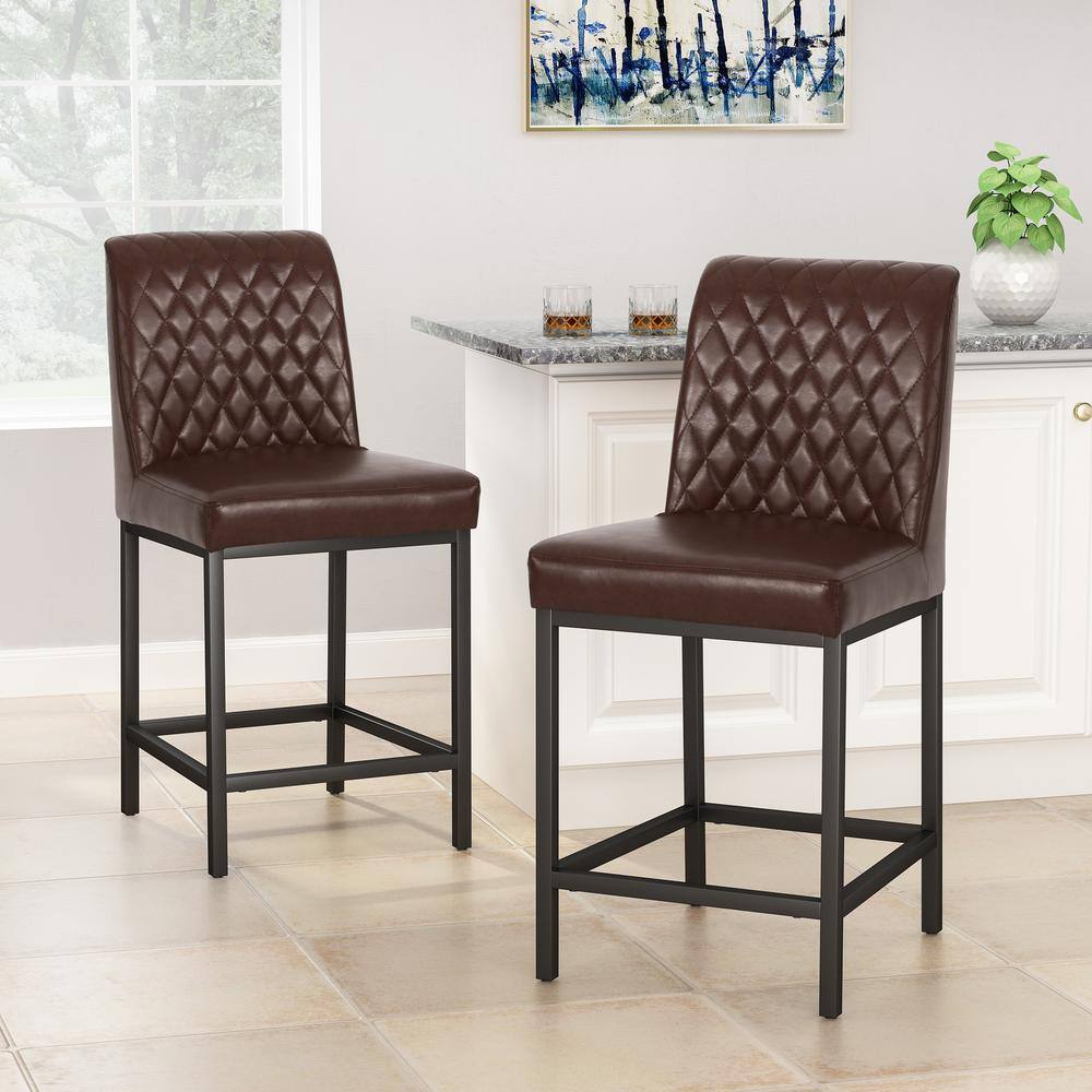 Refined Dark Brown Faux Leather Counter Stools with Diamond Stitch, Set of 2