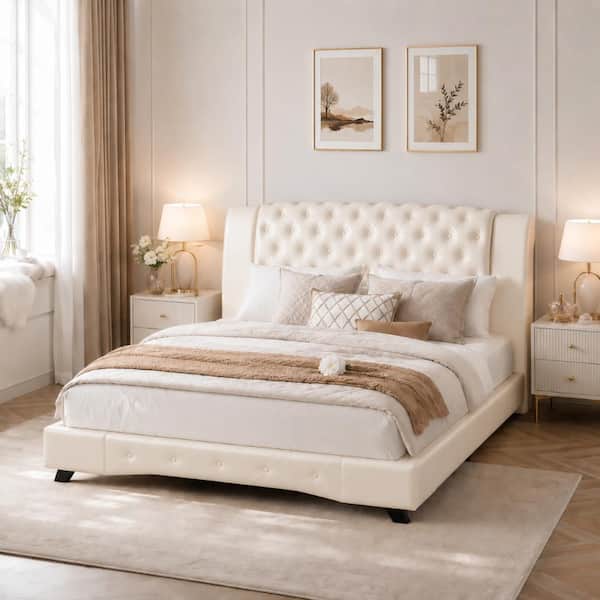 Beige Metal Frame King Size Upholstered Platform Bed with Button Tufted