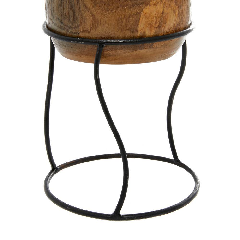 Rustic Teak Wood and Iron Planter Set with Wavy Stand, 3 Pieces