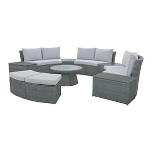 10-Piece Metal Outdoor Sectional Half Round Patio Rattan Sofa Sectional Set with Light Gray Cushions