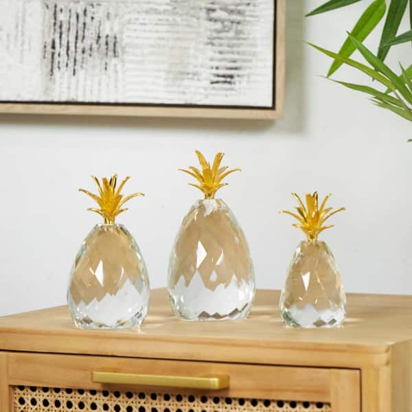 Litton Lane Clear Crystal Faceted Pineapple Fruit Sculpture with Gold Leaves (Set of 3)