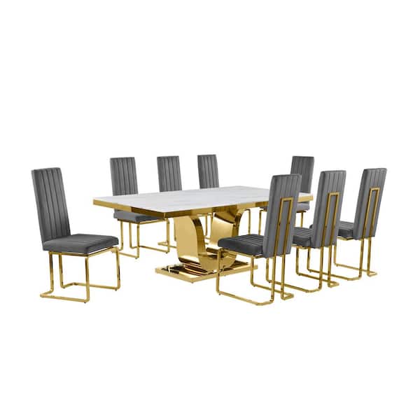 Best Quality Furniture Ada 9-Piece Rectangle White Marble Top With Gold Stainless Steel Dining Set With 8 Dark Grey Velvet Gold Chrome Chairs