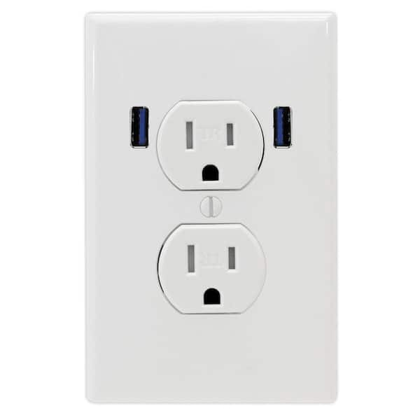 U-Socket 15 Amp Standard Duplex Tamper Resistant Wall Outlet with 2 Built-in USB Charging Ports - White