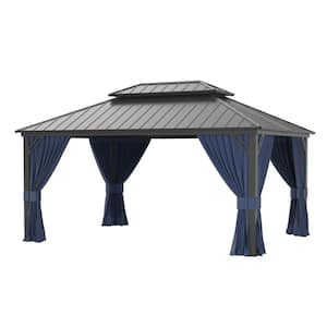 12 ft. x 16 ft. Gray Hardtop Gazebo with Galvanized Steel Double Roof, Mosquito Nettings and Curtain Navy Blue
