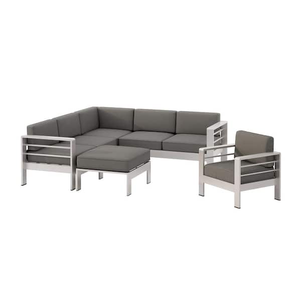 Noble House Cape Coral Silver 6-Piece Aluminum V-Shape Outdoor Sectional Sofa Set with Ottoman and Khaki Cushion