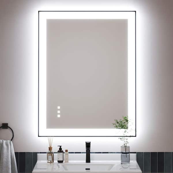 28 in. W x 36 in. H Black Rectangular Framed LED Anti-Fog Wall Bathroom Vanity Mirror with Backlit and Front Light