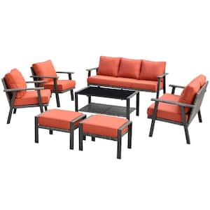Walden Grey 7-Piece Wicker Metal Outdoor Patio Conversation Sofa Seating Set with Orange Red Cushions