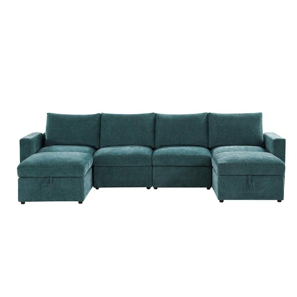 JAYDEN CREATION Andrea 127''W Straight Arm 6-piece Polyester Storage Sectional Sofa in. Green With Multi-Functional Armrests