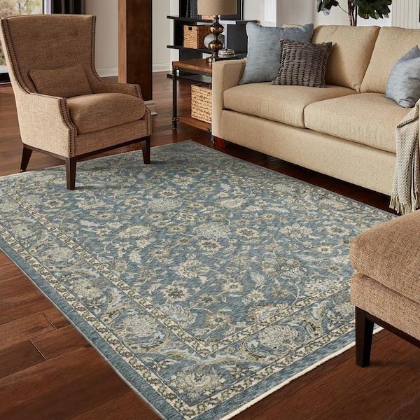 Ambrose Blue/Beige 5 ft. x 8 ft. Traditional Persian Floral Polyester Fringe Edge Indoor Area Rug