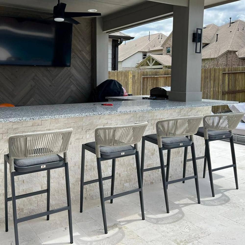 Modern Aluminum Low Back Rattan Bar Height Outdoor Bar Stool with Backrest and Dark Gray Cushion (4-Pack) price history on PriceWatchPro