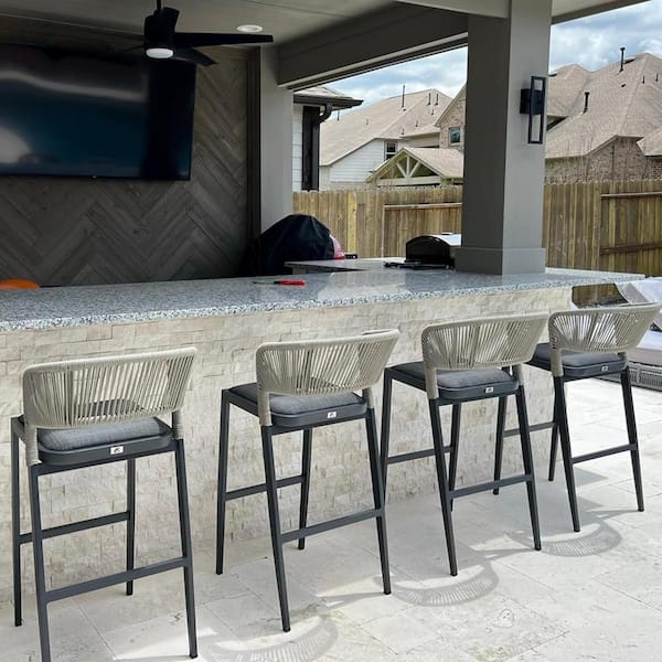 PURPLE LEAF Modern Aluminum Low Back Rattan Bar Height Outdoor Bar Stool with Backrest and Dark Gray Cushion (4-Pack)