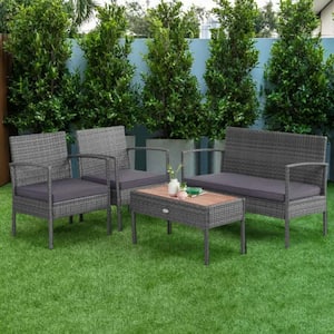 4-Piece Gray Wicker Patio Conversation Set with Gray Cushions