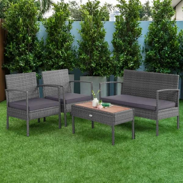Tenleaf 4-Piece Gray Wicker Patio Conversation Set with Gray Cushions