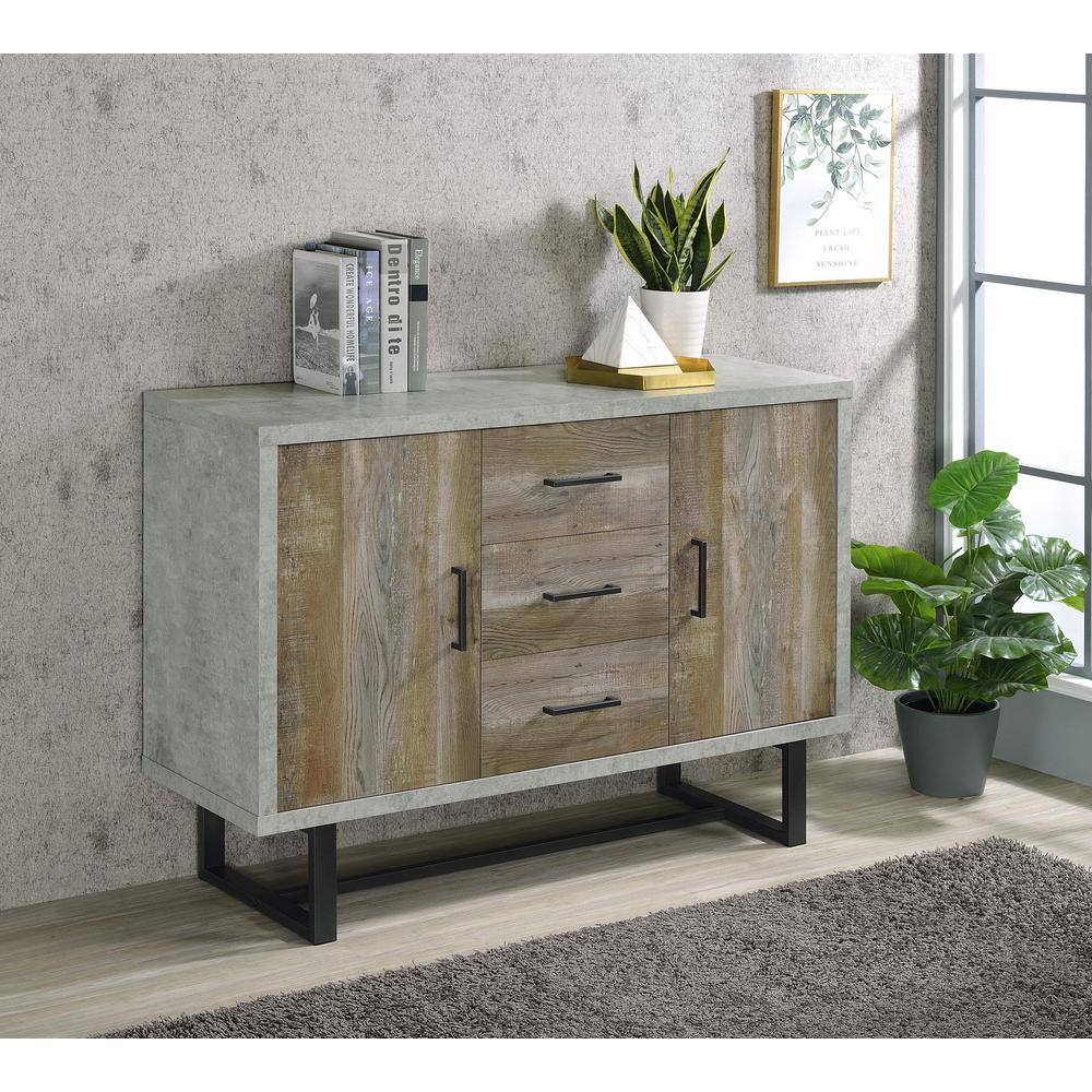 Gray and Weathered Oak 3-Drawer Accent Cabinet with Adjustable Shelving