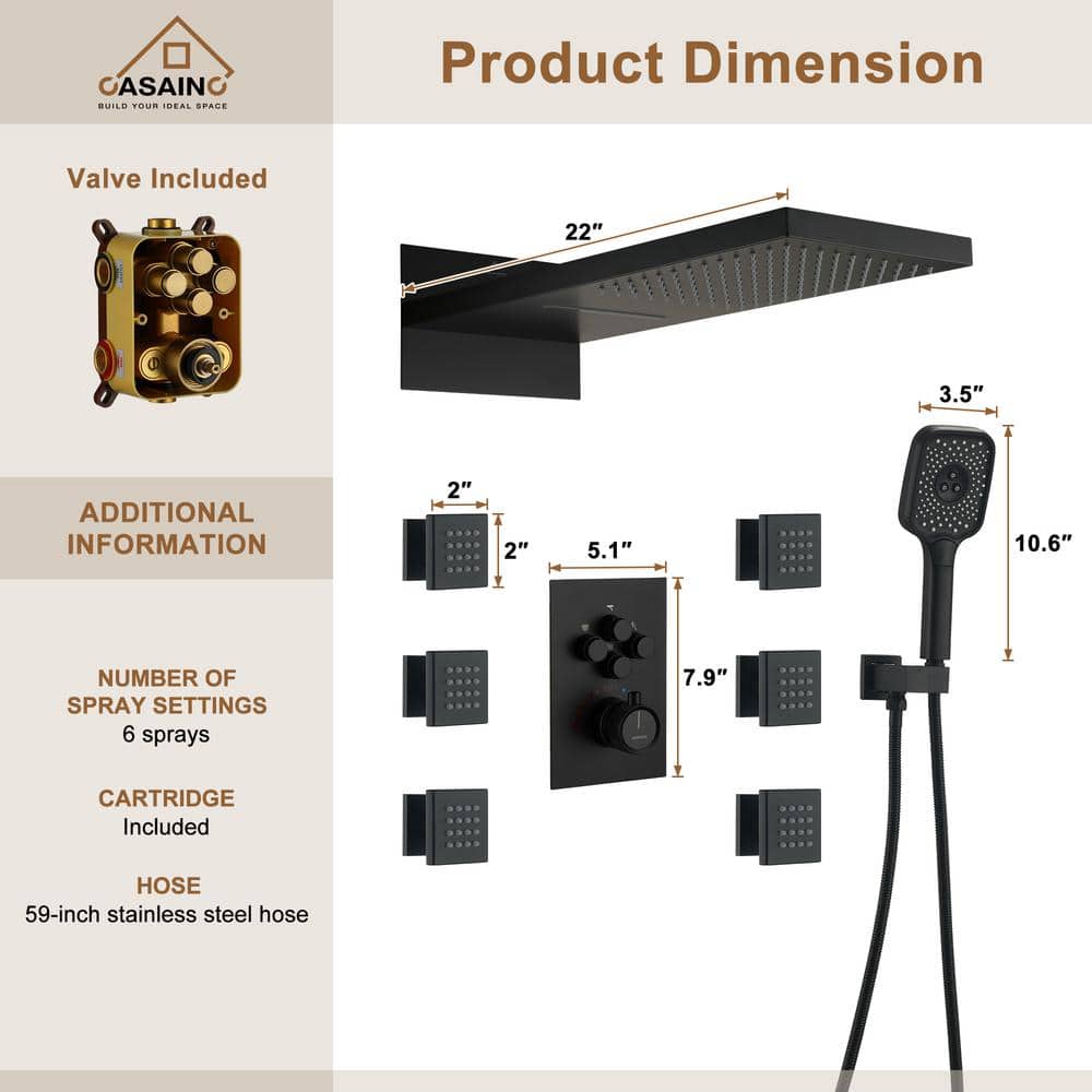 Matte Black Wall Mounted Rainfall Shower System with Body Jets