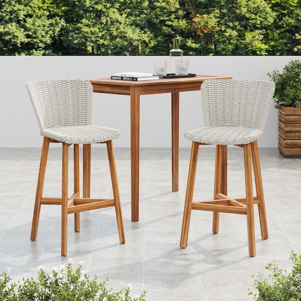 CHRISTOPHER KNIGHT HOME Clary Modern Patio Wicker Woven and Solid Wood Outdoor Bar Stools, Teak Finish Plus Light Grey, Set of 2