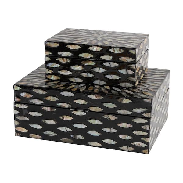 Litton Lane Rectangle Mother of Pearl Geometric Floral Box with Beige Accents (Set of 2)