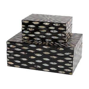 Rectangle Mother of Pearl Geometric Floral Box with Beige Accents (Set of 2)